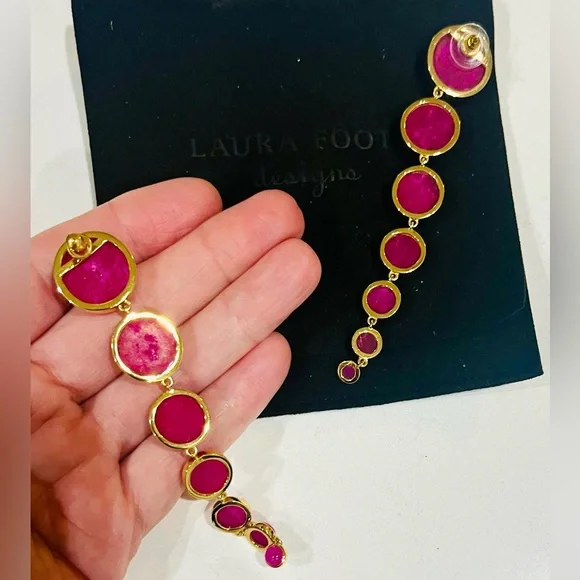 VTG Laura Foote Dropping Circles Earrings in Dyed Hot Pink Quartz Stone, RARE - Picture 9 of 12